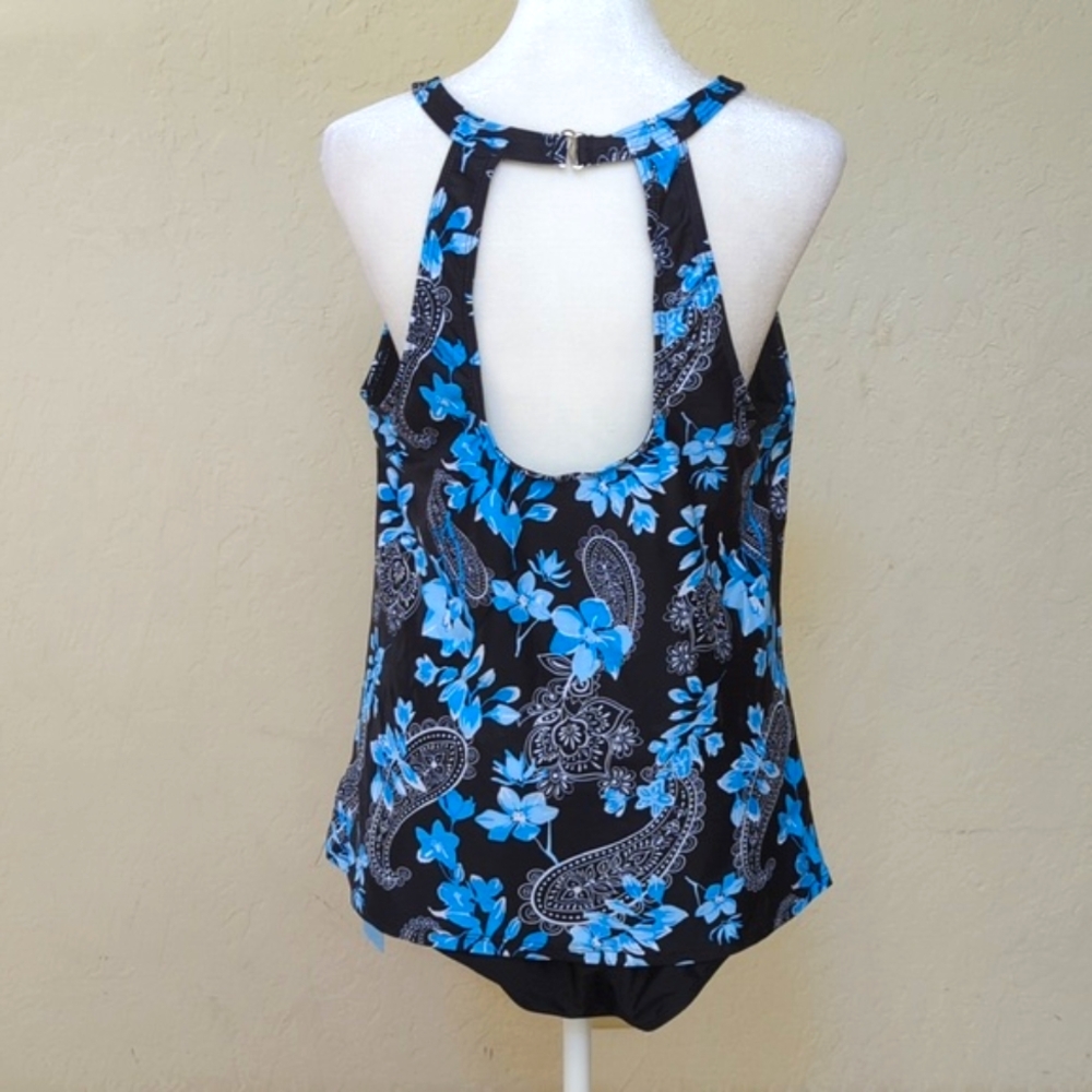 Yonique Tummy Control High Neck Tankini High Waisted Black Floral Swimsuit XL - Picture 8 of 14